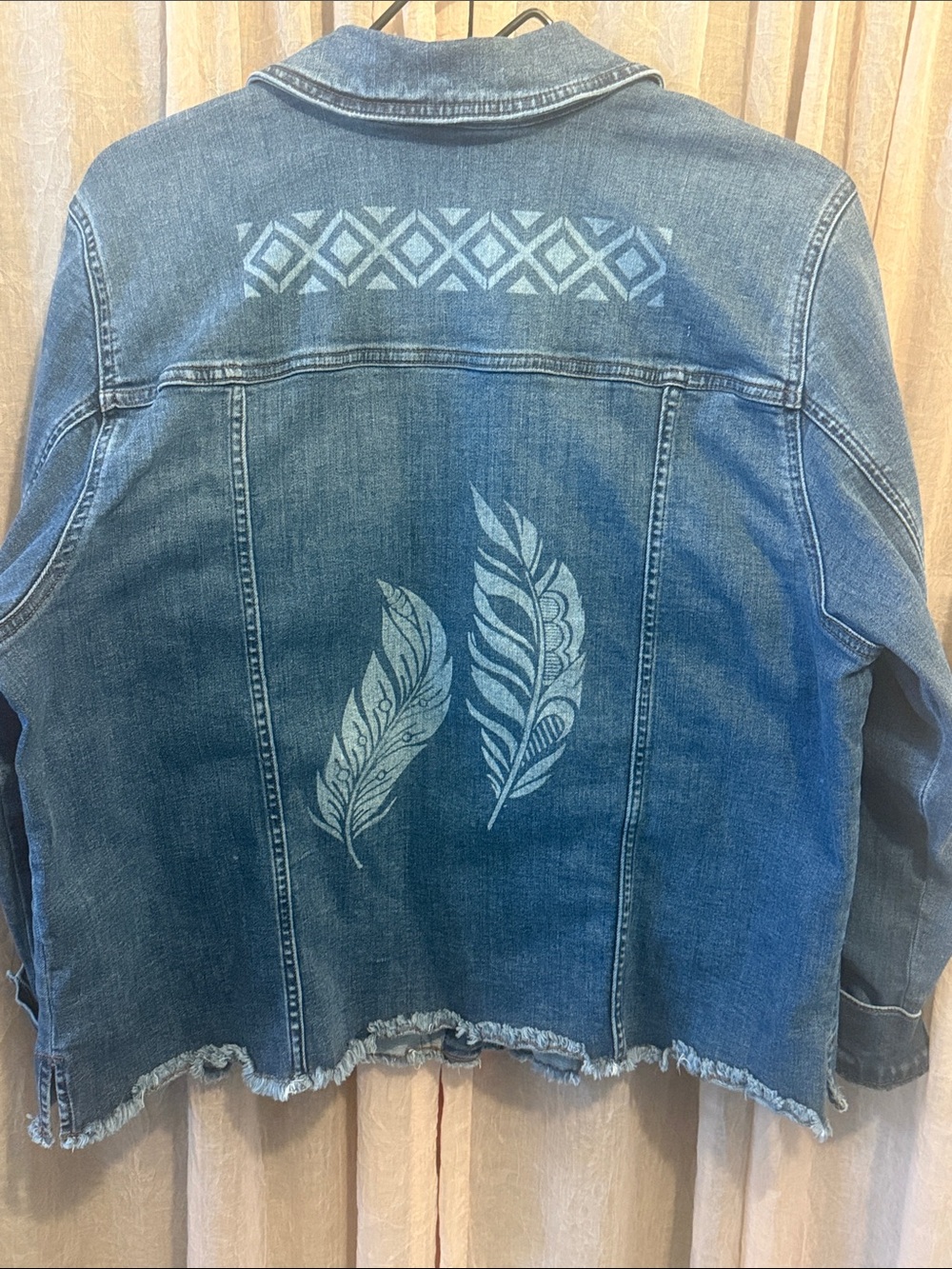 Women's Blue Denim Jean Jacket with Feather Print